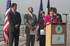 EPA Regional Administrator Jane M. Kenny announces end to boat sewage discharges into Hudson River. With Ms. Kenny, from left to right, are Hudson Riverkeeper and Executive Director Alex Matthiessen, New York Secretary of State Randy A. Daniels, New York State Department of Environmental Conservation Deputy Commissioner Lynette Stark, and Robert Balachandran, President and CEO of Hudson River Park Trust.