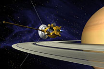 Artist's conception of the Cassini spacecraft entering orbit at Saturn.